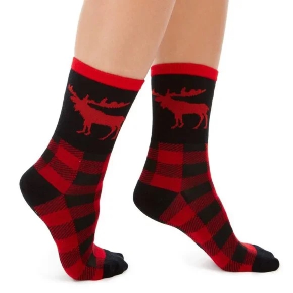 Charter Club Women's Holiday Crew Socks - Moose - Black & Red Buffalo Plaid - Picture 1 of 6